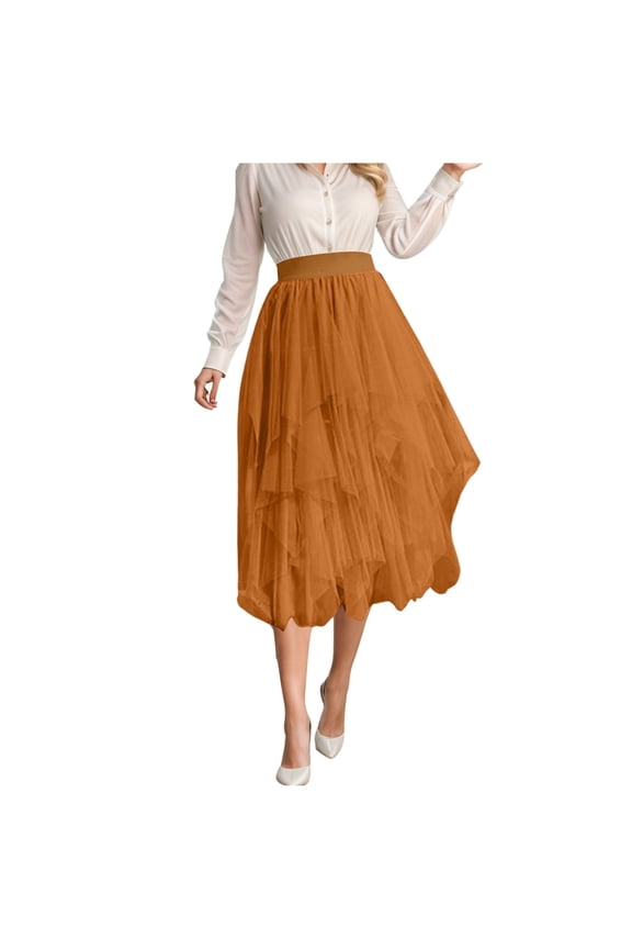 Women Irregular Mesh Half Skirt Medium Length Skirt High Waisted Versatile Skirt Solid Color Flowy Swing Skirts