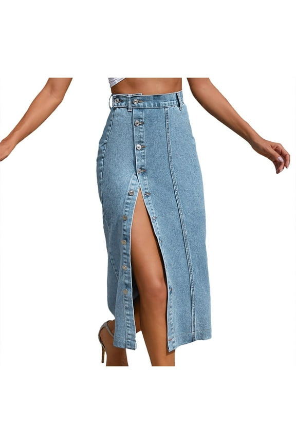 Women Irregular Split Denim High Waisted Skirt Solid Color Flowy Swing Skirts