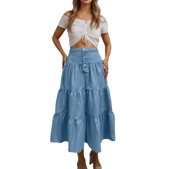 RUTAYY Women Long Denim Maxi Skirt High Waist Flowy Ruffle Pleated Tiered A-Line Skirt For Streetwear Holiday Casual Skirts Solid Color Casual Travel Skirts
