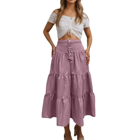 RUTAYY Women Long Denim Maxi Skirt High Waist Flowy Ruffle Pleated Tiered A-Line Skirt For Streetwear Holiday Casual Skirts Solid Color Casual Travel Skirts