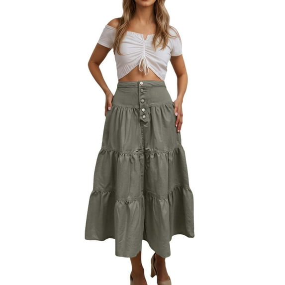 RUTAYY Women Long Denim Maxi Skirt High Waist Flowy Ruffle Pleated Tiered A-Line Skirt For Streetwear Holiday Casual Skirts Solid Color Casual Travel Skirts
