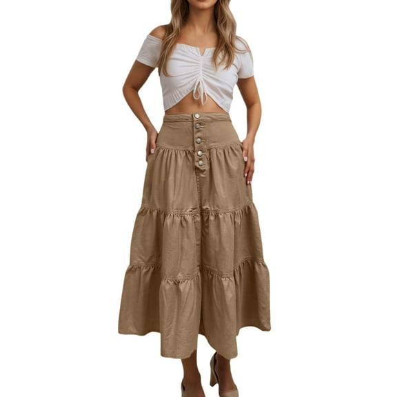 RUTAYY Women Long Denim Maxi Skirt High Waist Flowy Ruffle Pleated Tiered A-Line Skirt For Streetwear Holiday Casual Skirts Solid Color Flowy Swing Skirts