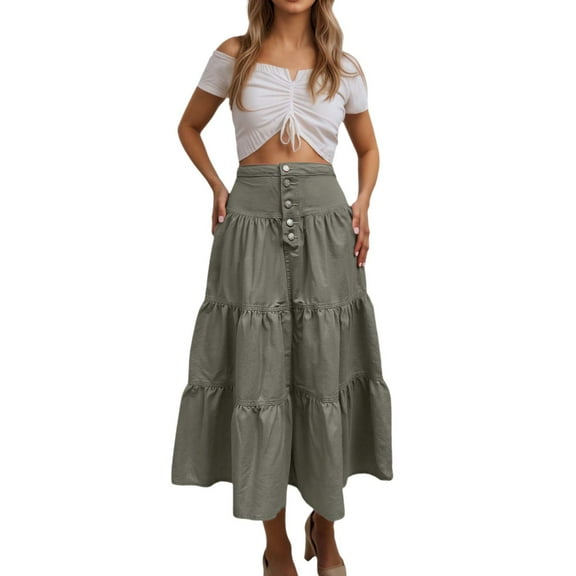 RUTAYY Women Long Denim Maxi Skirt High Waist Flowy Ruffle Pleated Tiered A-Line Skirt For Streetwear Holiday Casual Skirts Solid Color Flowy Swing Skirts