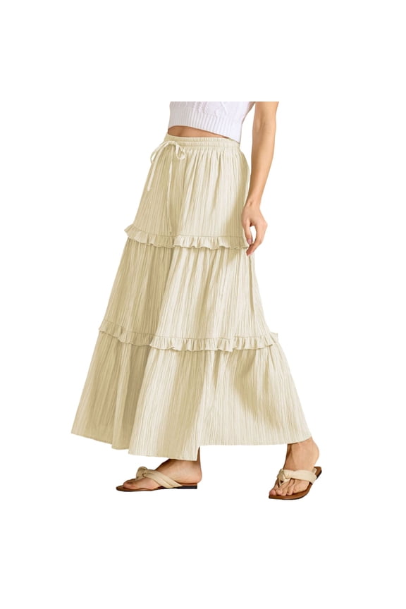 Women Long Summer Skirt Elegant High Waist Party Wedding Guest Dress Flared A-Line Midi Skirts Solid Color Smocked Boho Pleated Skirts