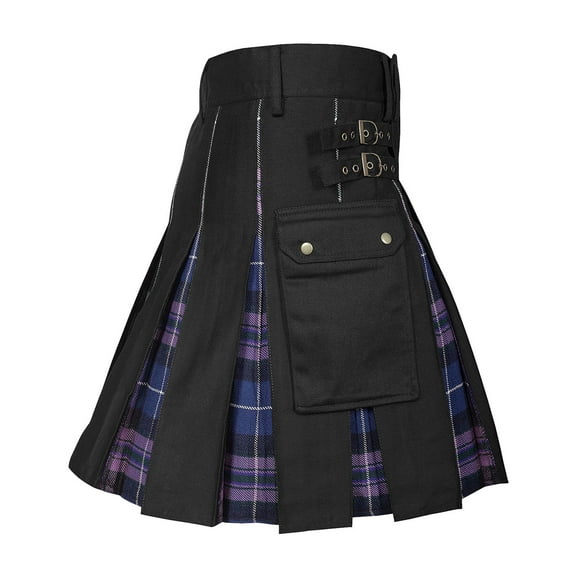 RUTAYY Women Men's Scottish Festival Fashion Scottish Style Plaid Color Contrasting Pocket Pleated Skirt Solid Color Smocked Boho Pleated Skirts