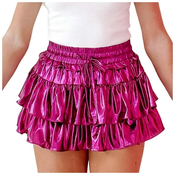 RUTAYY Women Metallic Skirt Shiny Flared Pleated Skirt Layered Ruffle Hem Mini Skirt Rave Skirt Solid Color Flowy Swing Pleated Beach Skirts