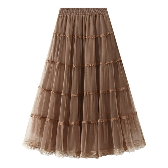 RUTAYY Women Mid-Length Skirt Dance Party A-Line High Waisted Lace Tulle Skirt Holiday Party Half Skirts Solid Color Flowy Swing Skirts