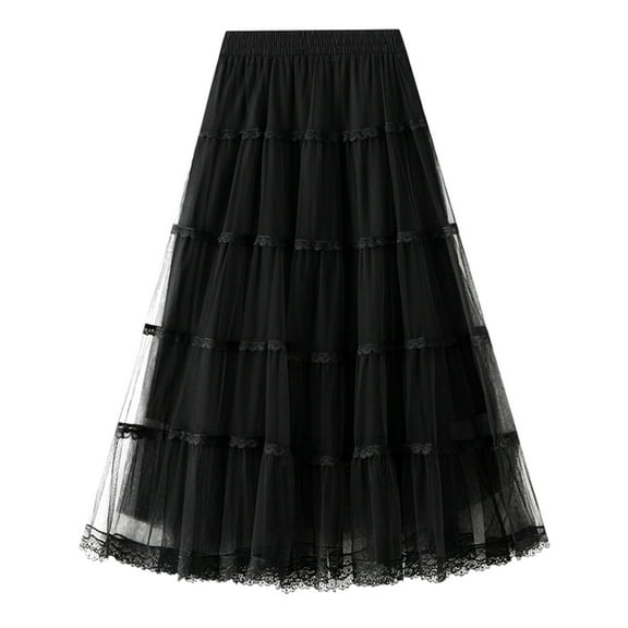 RUTAYY Women Mid-Length Skirt Dance Party A-Line High Waisted Lace Tulle Skirt Holiday Party Half Skirts Solid Color Smocked Boho Pleated Skirts