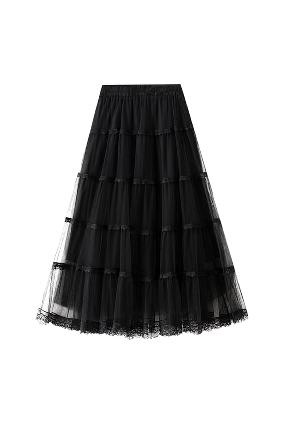 Women Mid-Length Skirt Dance Party A-Line High Waisted Lace Tulle Skirt Holiday Party Half Skirts Solid Color Smocked Boho Pleated Skirts