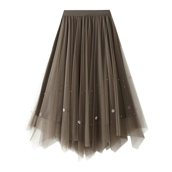 RUTAYY Women Mid-Length Skirt Dance Party A-Line High Waisted Tulle Skirt Holiday Party Pleated Half Skirts Solid Color Flowy Swing Skirts