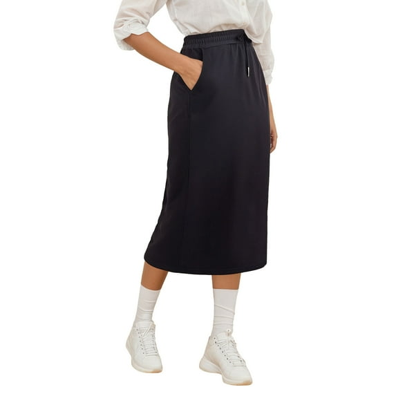 RUTAYY Women Midi Skirt Drawstring High Waist Sweat Skirts With Pockets Solid Color Casual Travel Skirts