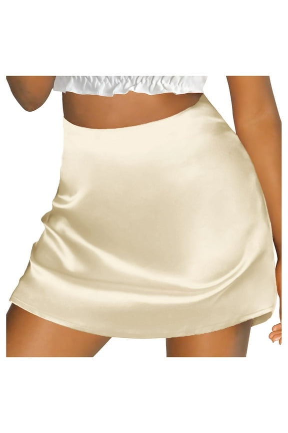 Women Mini A-Line Skirt High Waist Zipper Satin Ribbon Lined Skirt Solid Color Casual Travel Skirts
