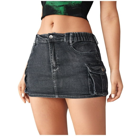 RUTAYY Women New Retro Elastic Denim Mini Skirt Stretchy Skinny Distressed Shorts With Pockets Solid Color Flowy Swing Skirts