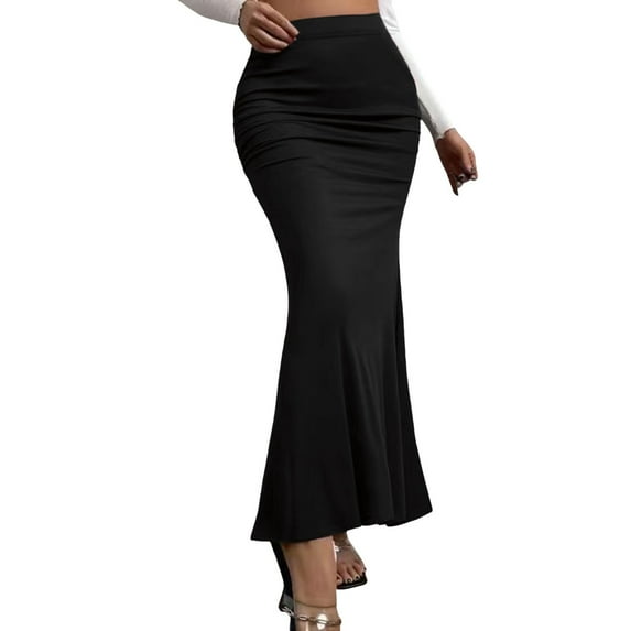 RUTAYY Women New Summer High Waist Slim Elastic Pleated Fishtail Skirt Solid Color Flowy Swing Skirts