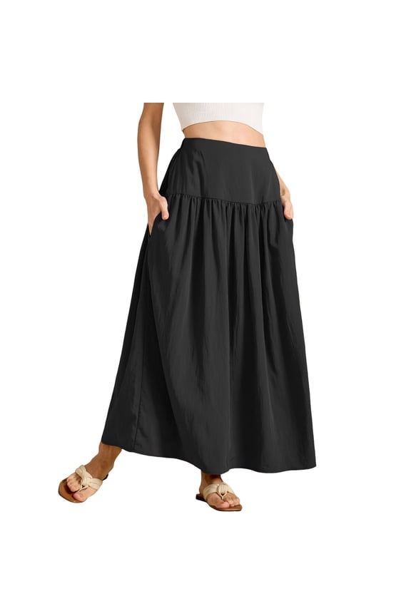Women Pleated Flowy Long Skirts High Waist Maxi Skirt With Pocket Solid Color Casual Travel Skirts