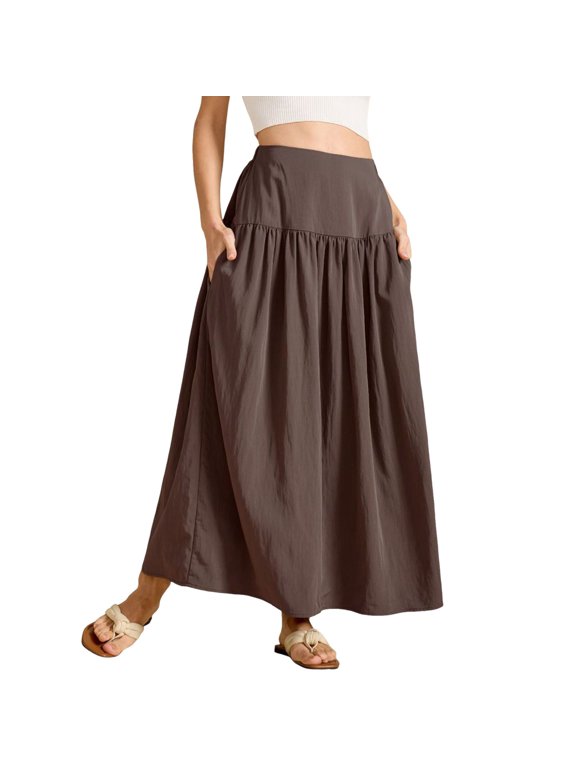 Women Pleated Flowy Long Skirts High Waist Maxi Skirt With Pocket Solid Color Flowy Swing Pleated Beach Skirts
