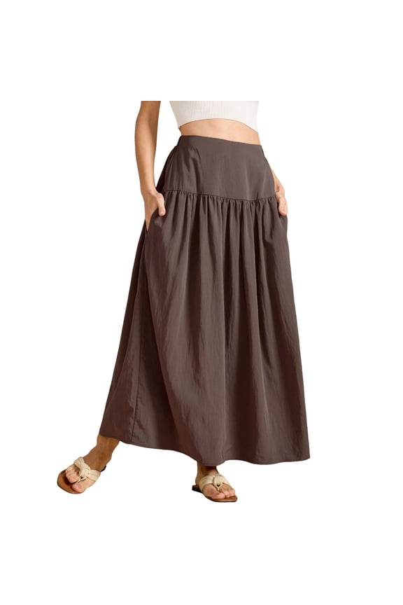 Women Pleated Flowy Long Skirts High Waist Maxi Skirt With Pocket Solid Color Flowy Swing Pleated Beach Skirts