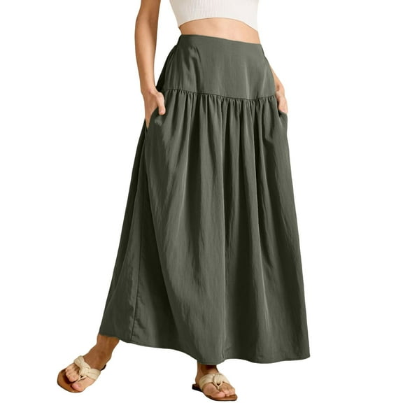 RUTAYY Women Pleated Flowy Long Skirts High Waist Maxi Skirt With Pocket Solid Color Flowy Swing Pleated Beach Skirts