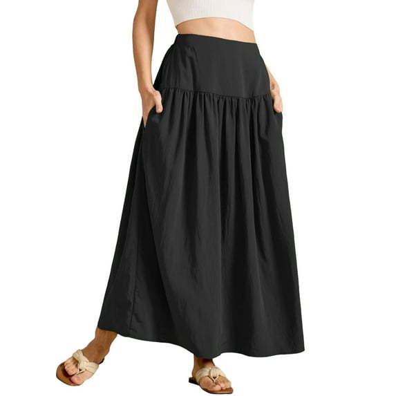 RUTAYY Women Pleated Flowy Long Skirts High Waist Maxi Skirt With Pocket Solid Color Flowy Swing Skirts