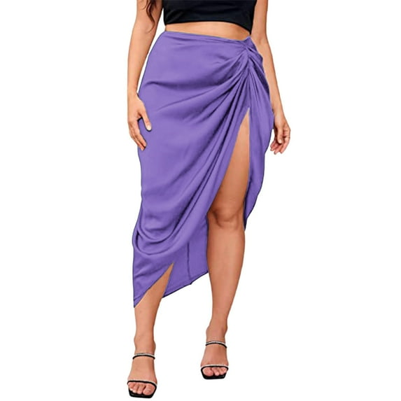 RUTAYY Women Plus Asymmetrical Side Split High Waist Mini Skirt Satin Skirt Solid Color Smocked Boho Pleated Skirts
