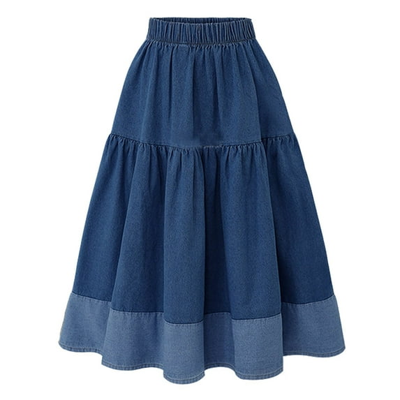RUTAYY Women Plus Size Stretchy Waist Casual And Versatile Denim Skirt With Tassle Hem Fashionable And Comfortable High Low Hem Design Solid Color Smocked Boho Pleated Skirts