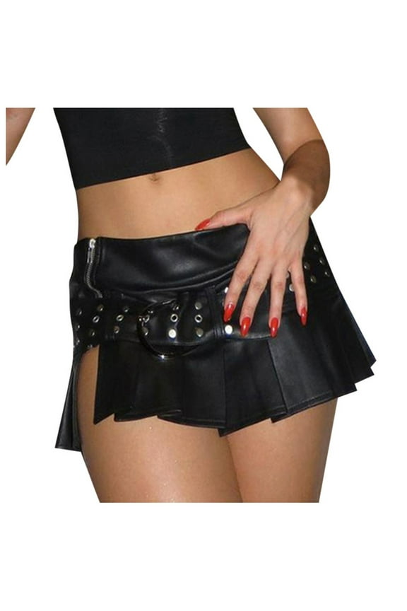 Women Punk Style Studded Leather Skirt Low Waist A-Line Pleated Mini With Buckle Belt Solid Color Flowy Swing Skirts