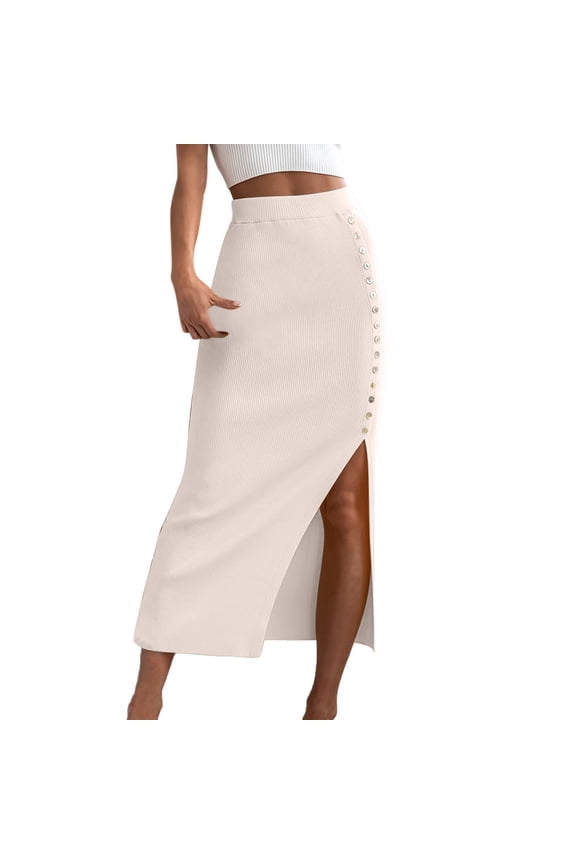 Women Ribbed Slim Black Tight Side Slit Button Down Skirt Solid Color Flowy Swing Skirts