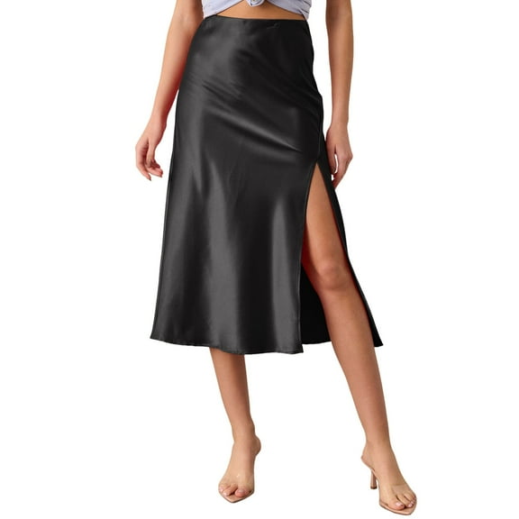 RUTAYY Women Satin Silk High Waist Slit Midi Skirt Elastic Waistband Midi Skirts For Women Solid Color Flowy Swing Pleated Beach Skirts