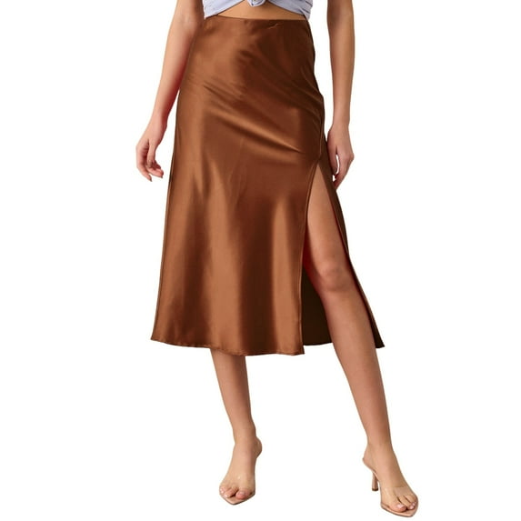 RUTAYY Women Satin Silk High Waist Slit Midi Skirt Elastic Waistband Midi Skirts For Women Solid Color Flowy Swing Skirts