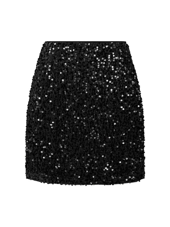 Women Sequin Skirt High Waisted Glitter Sparkly Bodycon Mini Skirt Solid Color Flowy Swing Skirts