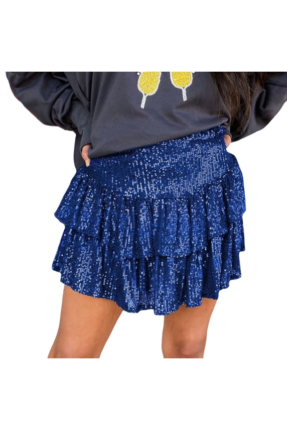 Women Sequin Sparkly Glitter Mini Pleated High Waisted Tiered Ruffle Flowy Shiny Night Out Club Skirt With Underneath Solid Color Flowy Swing Pleated Beach Skirts