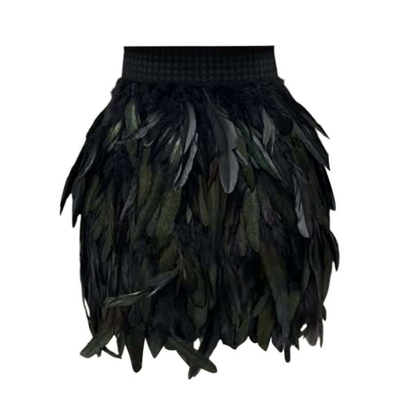 RUTAYY Women Elastic Waist Feather Party Skirt Black Solid Color Smocked Boho Pleated Skirts