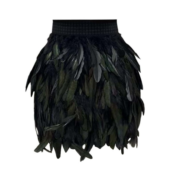 RUTAYY Women Elastic Waist Feather Party Skirt Black Solid Color Smocked Boho Pleated Skirts