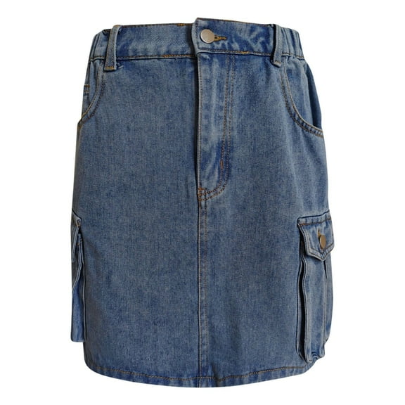 RUTAYY Women Skirt Soft Hugging Denim Skirt Elastic Waist Cargo Pocket Denim Skirt Solid Color Smocked Boho Pleated Skirts