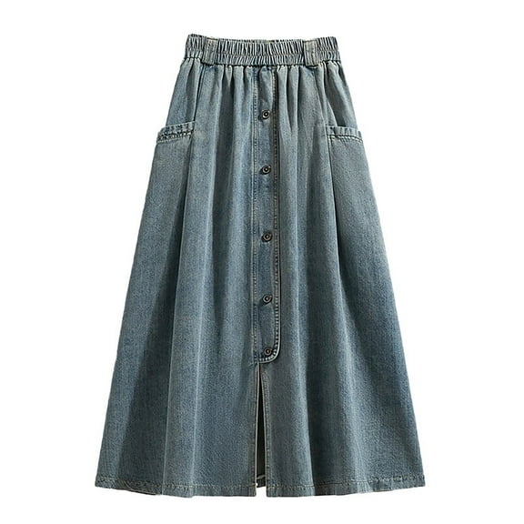RUTAYY Women Skirt Solid Color Denim Spring Autumn Dress Large Size Fashion Slight Thin Denim Skirt Long Female Smocked Boho Pleated Skirts