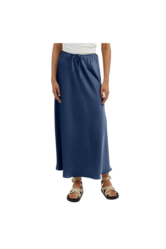 Women Skirts Solid Color Satin Long Dress High Waist Drawstring Dress1 Casual Travel Skirts