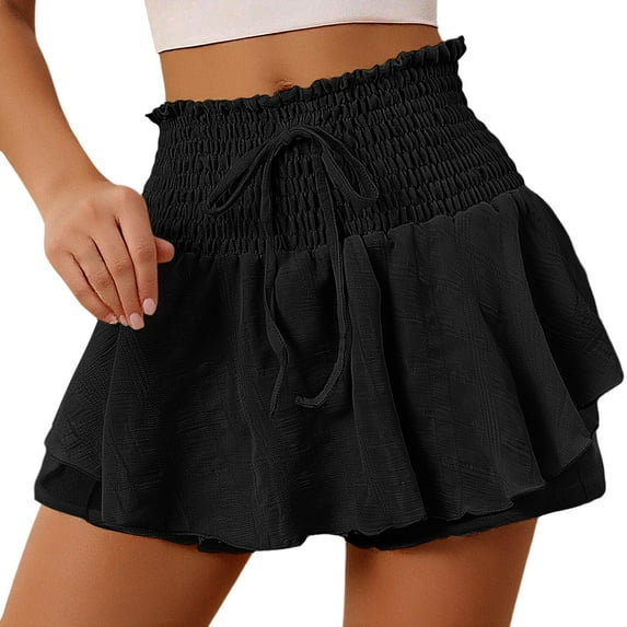 RUTAYY Women Skirts Summer Solid Color Ruffled Shorts And Culottes Flowy Swing Pleated Beach Skirts