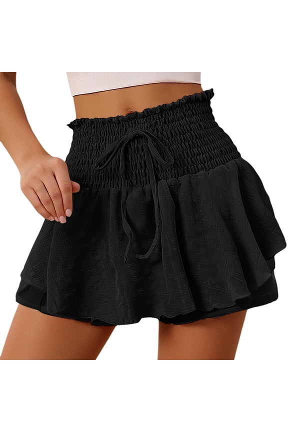 Women Skirts Summer Solid Color Ruffled Shorts And Culottes Smocked Boho Pleated Skirts