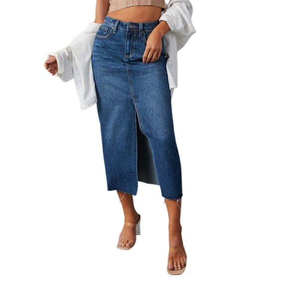 RUTAYY Women Slit Denim Skirt Solid Color Smocked Boho Pleated Skirts