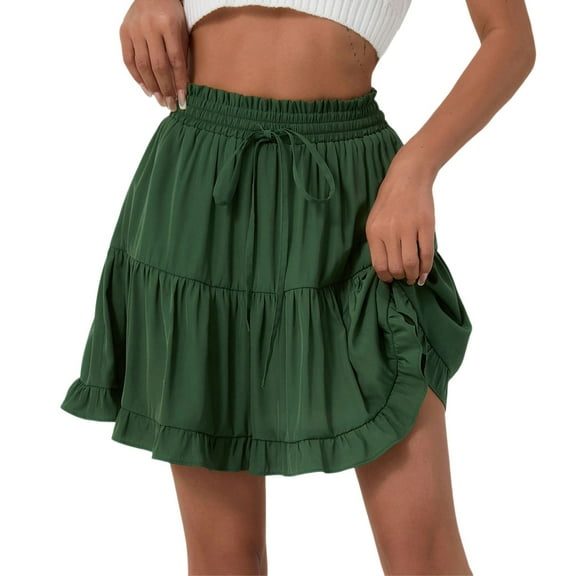 RUTAYY Women Solid Color Lace Up Skirt High Waist Skirt Pleated Ruffle Fold Skirt Smocked Boho Pleated Skirts