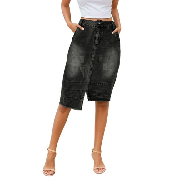 RUTAYY Women Stretch Denim Pencil Skirt High Waist Knee Length Bodycon Casual Party Wear Comfortable Fashion Skirt For Spring Summer Solid Color Flowy Swing Pleated Beach Skirts