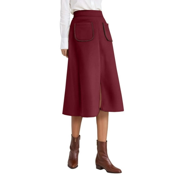 RUTAYY Women Suede A-Line Midi Skirt With Elastic Waist And Front Pockets For Fall And Winter Solid Color Flowy Swing Skirts