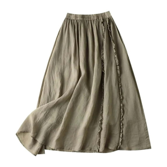RUTAYY Women Summer A-Line Skirt With Elastic Waist Linen Blend Embroidered Lace Edge Casual Midi Skirt Solid Color Flowy Swing Pleated Beach Skirts