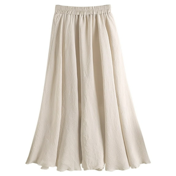 RUTAYY Women Summer Cotton Half Skirt High Waisted Mid-Length A-Line Loose Elastic Belt Skirt Solid Color Smocked Boho Pleated Skirts