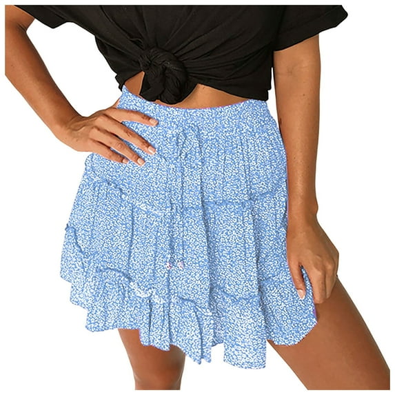 RUTAYY Women Summer Cute High Waist Ruffle Skirt Floral Print Swing Beach Mini Skirt Solid Color Casual Travel Skirts