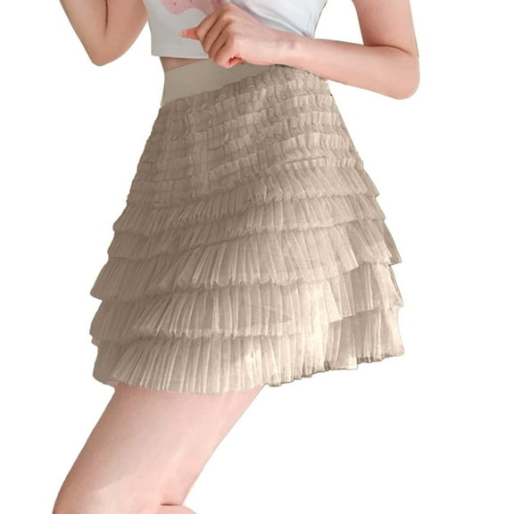 RUTAYY Women Summer New Mesh Skirt Elastic Waist High Waist Cake Skirt A-Line Peng Peng Skirt Solid Color Casual Travel Skirts