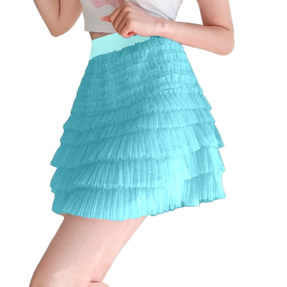 RUTAYY Women Summer New Mesh Skirt Elastic Waist High Waist Cake Skirt A-Line Peng Peng Skirt Solid Color Flowy Swing Pleated Beach Skirts