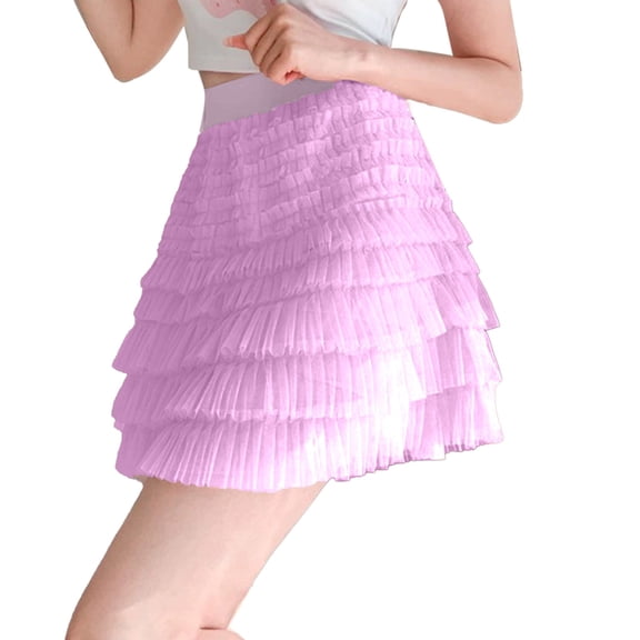 RUTAYY Women Summer New Mesh Skirt Elastic Waist High Waist Cake Skirt A-Line Peng Peng Skirt Solid Color Smocked Boho Pleated Skirts