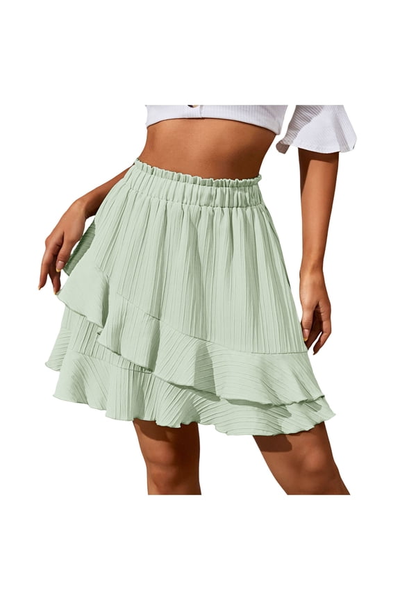 Women Summer Ruffled Skirt High Waisted Irregular Solid Color Skirt Flowy Swing Pleated Beach Skirts