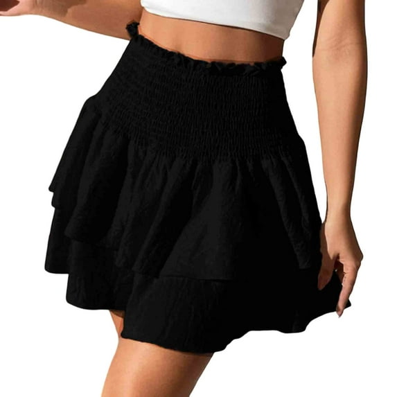 RUTAYY Women Summer Short Skirts High Waist Ruffle Hem Skirt Casual Mini Skirts Solid Color Flowy Swing Pleated Beach Skirts